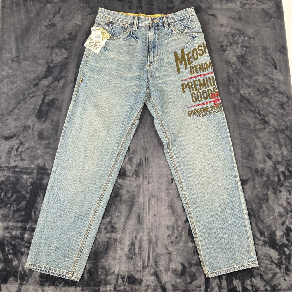 NWT Meoshe Denim Jeans Mens 32 Blue Graphic Premium Goods Y2K Streetwear